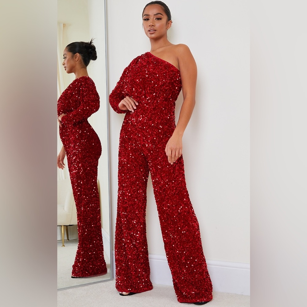 Red one shoulder jumpsuit by Pretty Little Thing